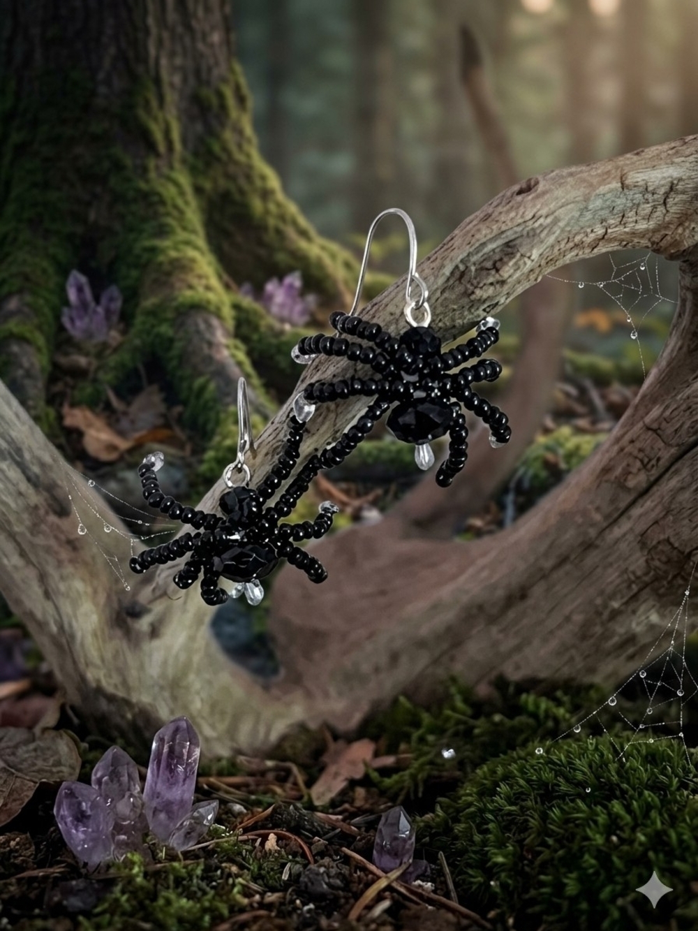 Black Bead Spider Drop Earrings for Women
